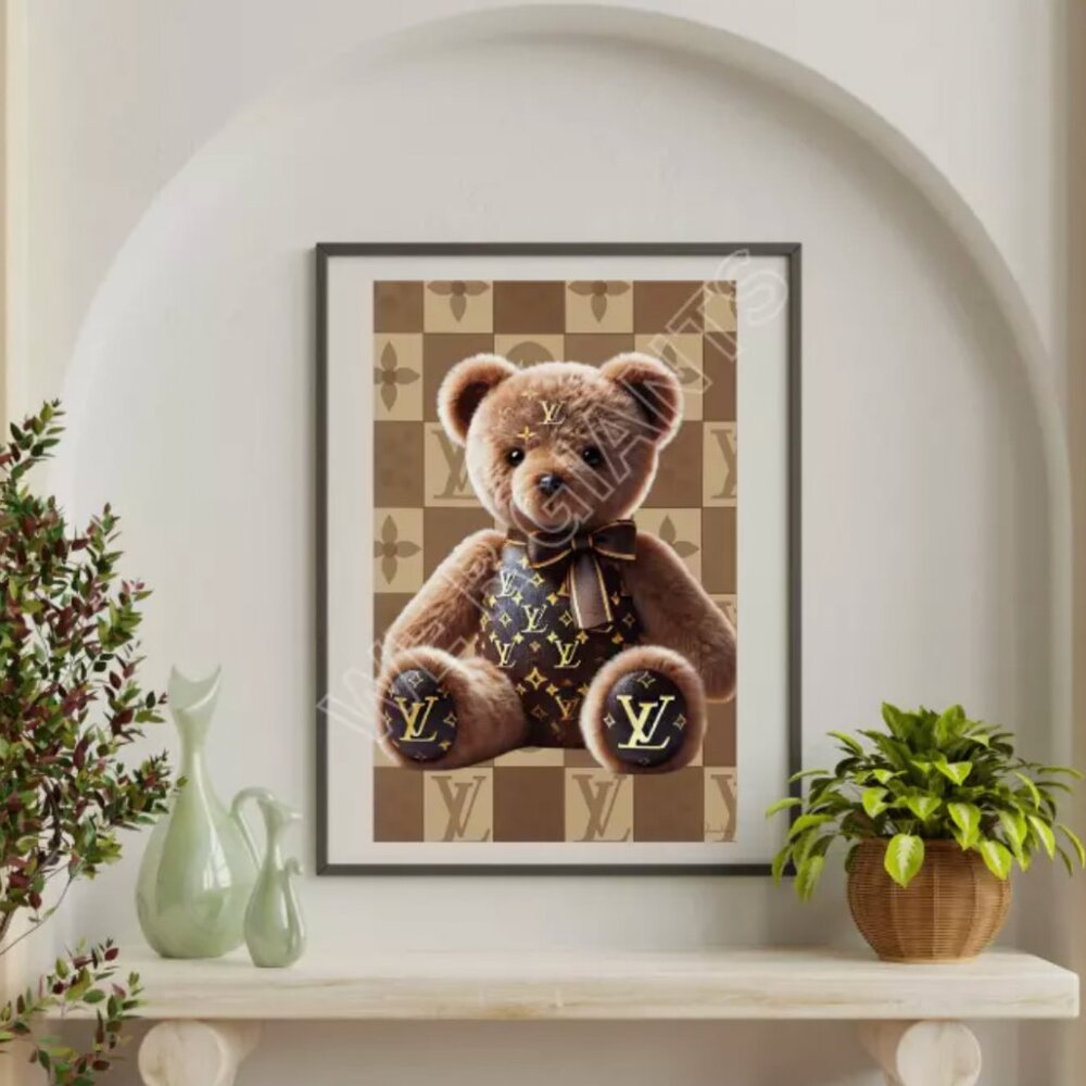 Cute Louis Vuitton Teddy Bear w/ Monogram Printed Background 11x17 Art Print